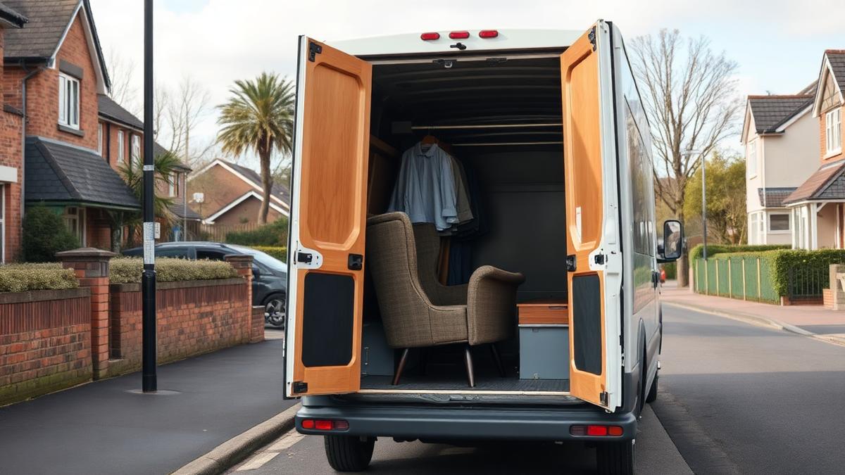 Armchair and wardrobe loaded in the back of an open white van on a suburban street