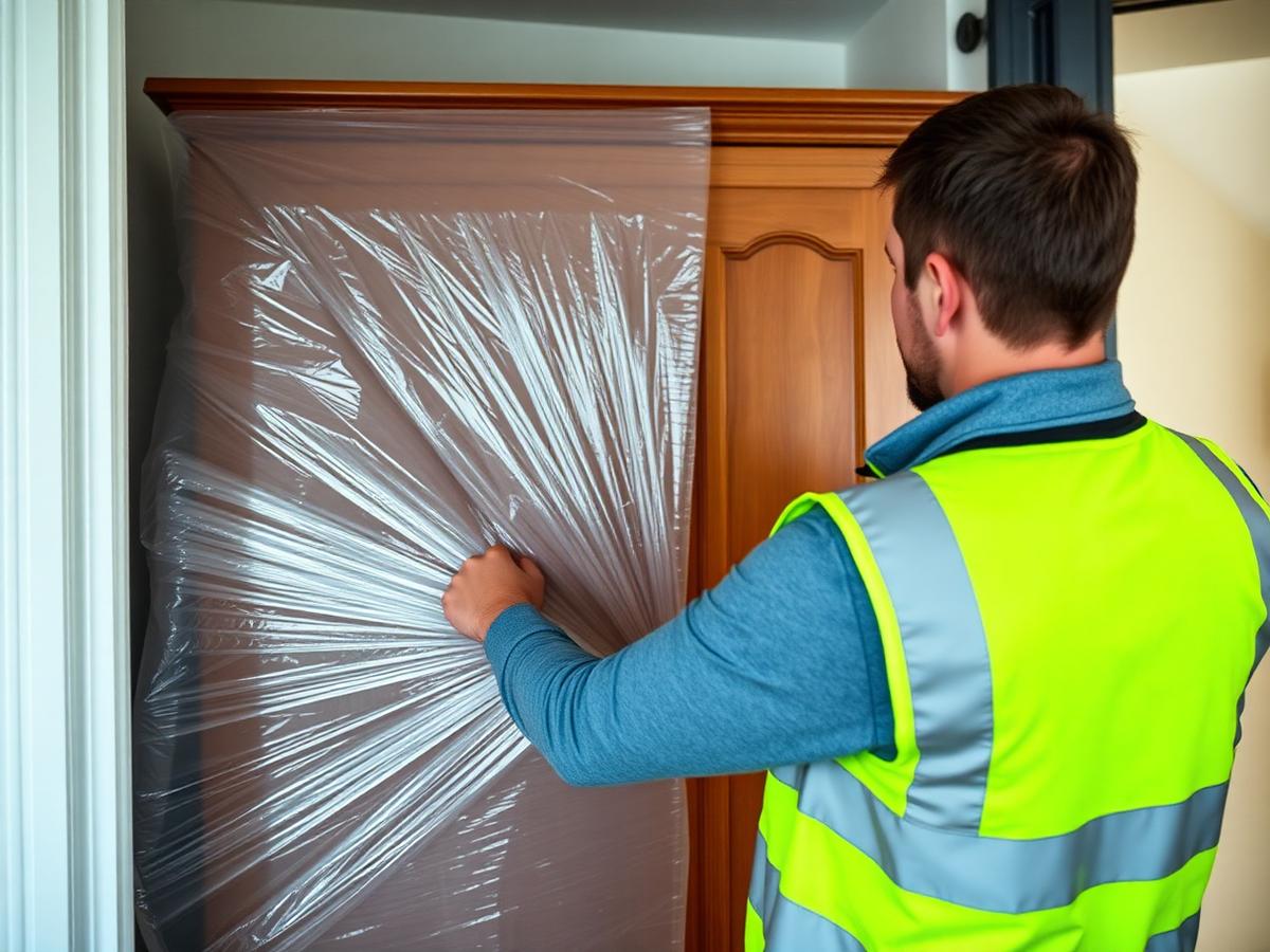 Mover shrink-wrapping a wooden wardrobe before a furniture removal