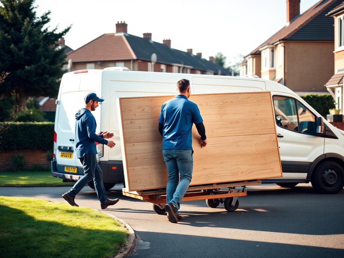 Two movers wheeling a large table on a sack truck to a removals van