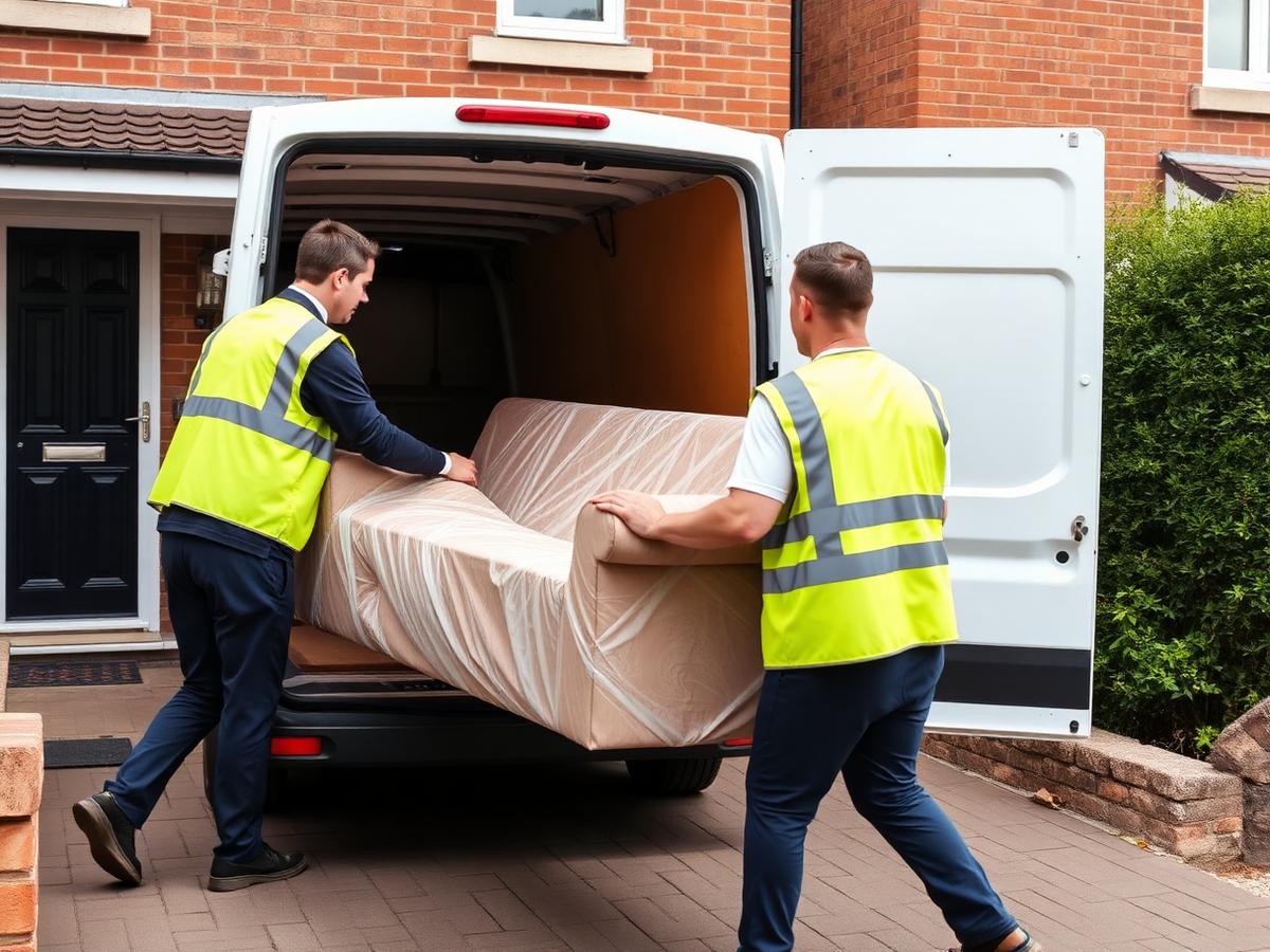 Two movers loading a wrapped sofa into the Ford Transit LWB outside a Wigan terraced house
