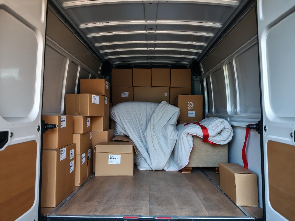 Removals van loaded with labelled boxes and blanket-wrapped furniture for a house move
