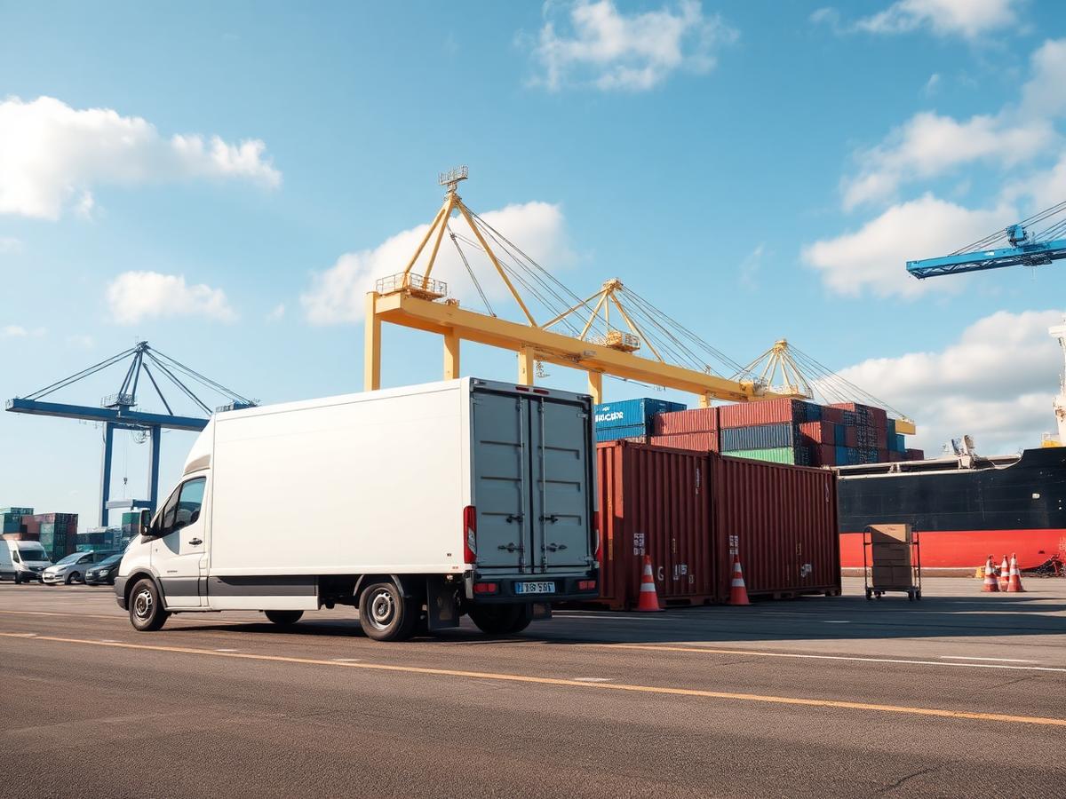 Removals van beside shipping containers at a UK port for an overseas move