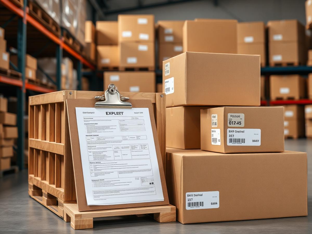 Export crate and labelled boxes with international shipping paperwork