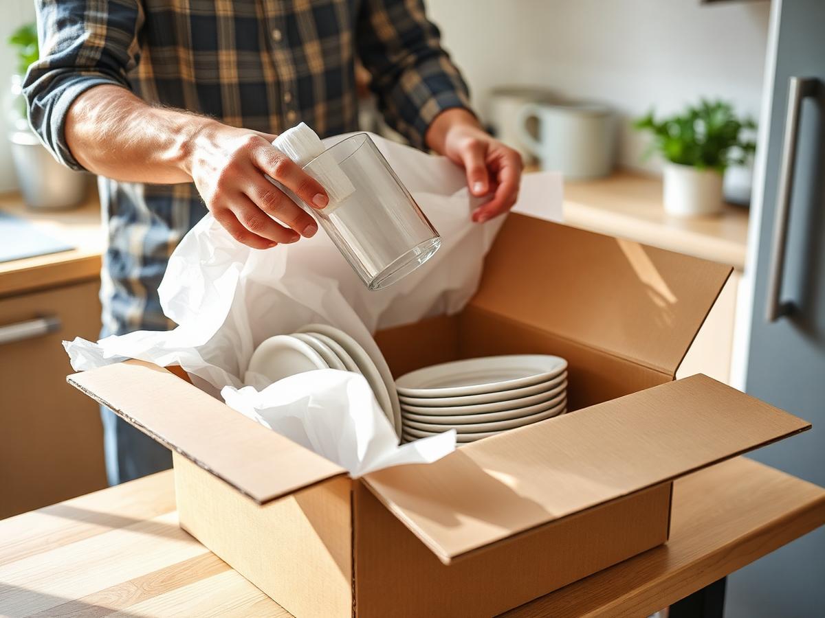 Packer wrapping glassware and plates in packing paper into a moving box