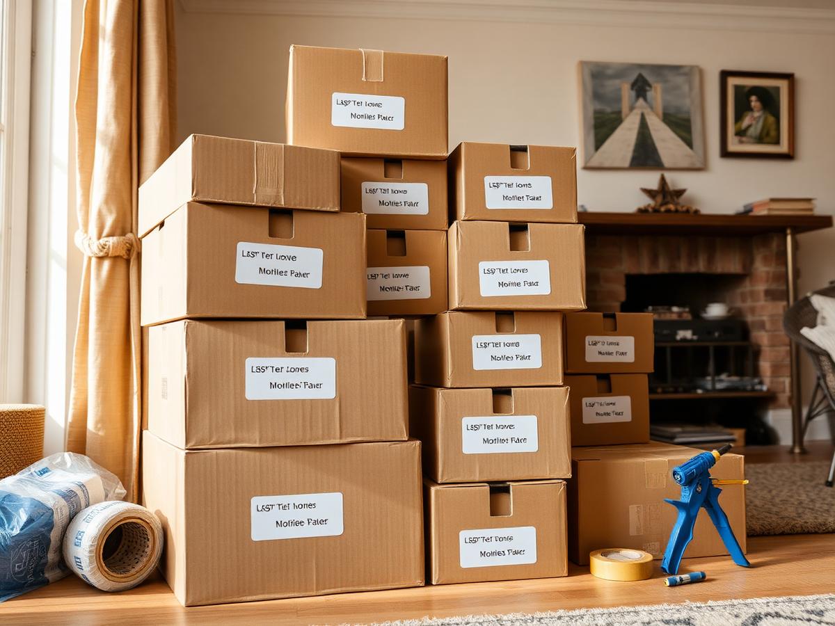 Stack of labelled moving boxes with bubble wrap and tape ready for collection