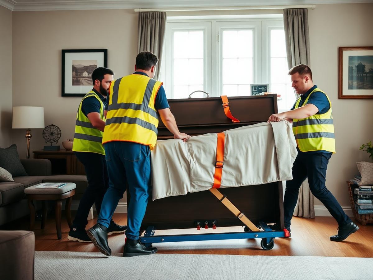 Movers lifting an upright piano onto a piano dolly with straps and blankets