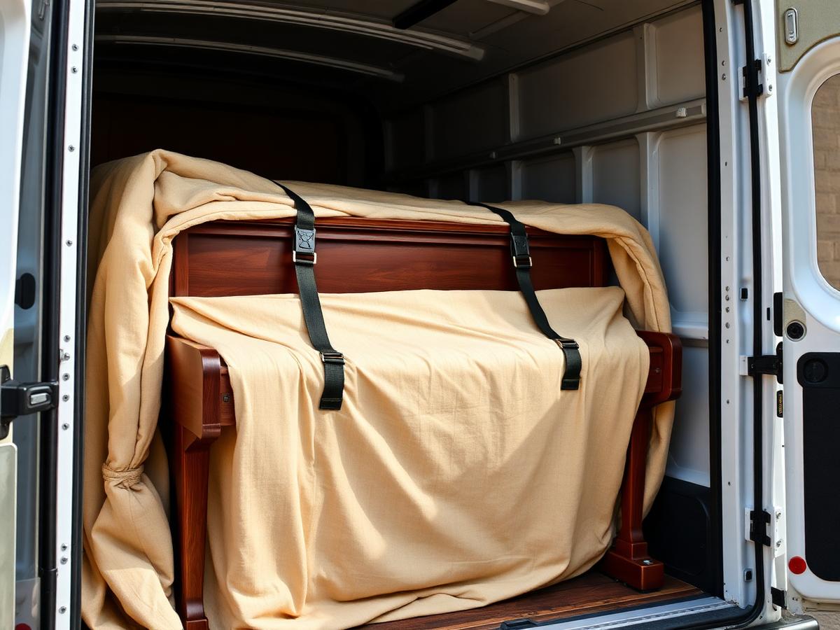 Upright piano wrapped in blankets and strapped inside a removals van