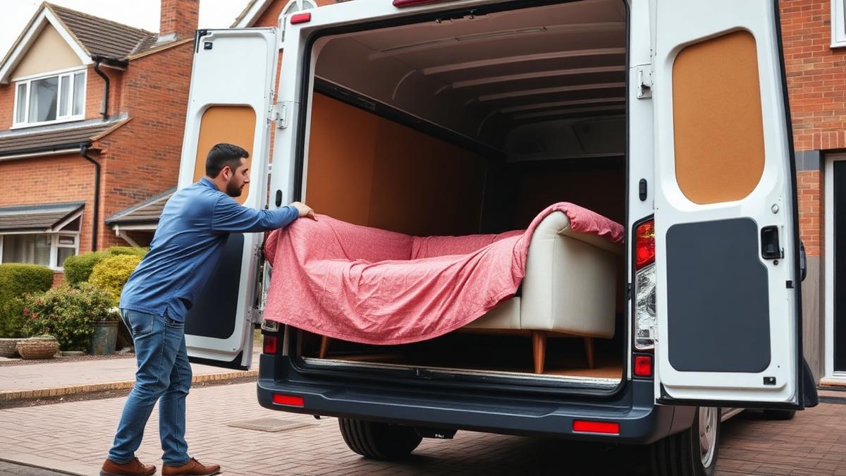 Two movers loading a blanket-wrapped sofa into a large white removals van outside a house