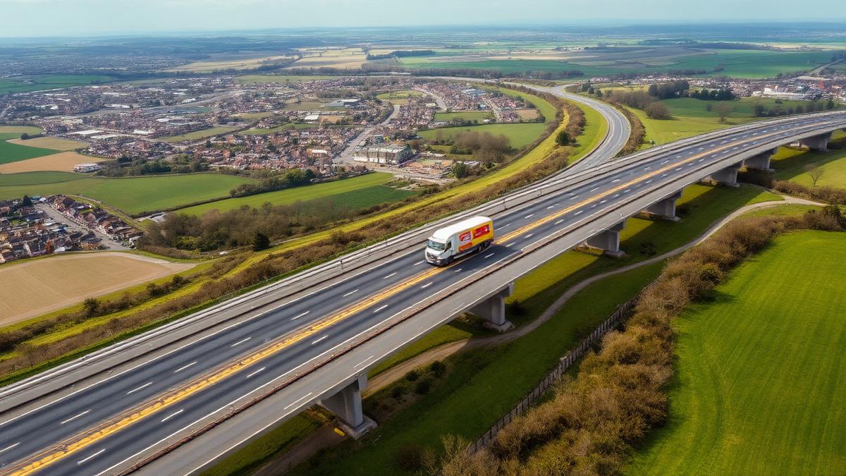 Removals van on a North West England motorway with towns and countryside below