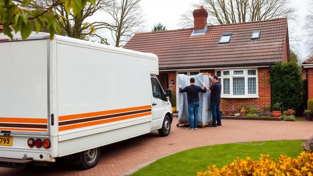 Movers wrapping a wardrobe in blankets on the driveway of a bungalow near Golborne