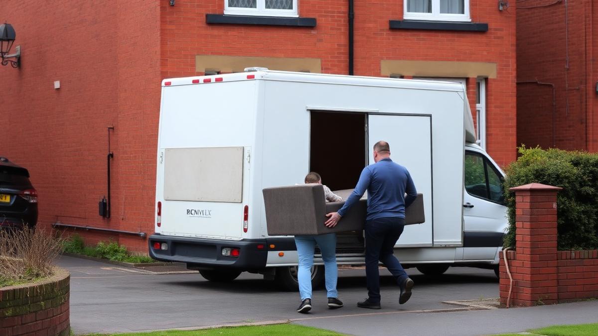 Two movers loading a sofa into a removals van outside a red-brick semi in Bolton