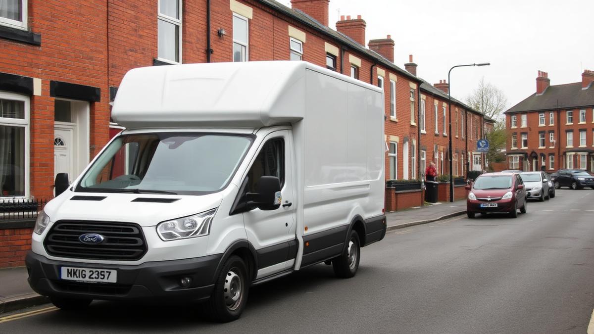 Ford Transit LWB man and van parked on a terraced street in Leigh during a house removal