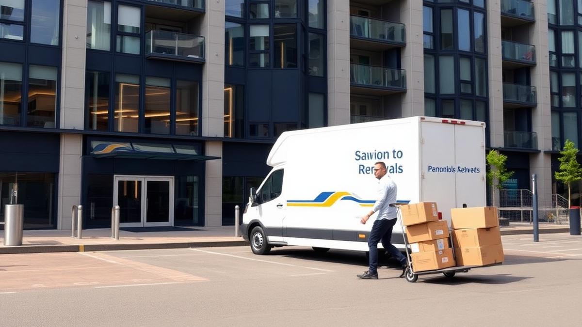 Removals van in a Manchester city-centre loading bay with boxes on a trolley by the lobby