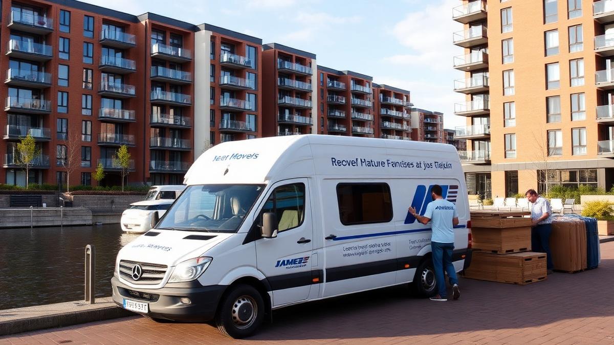 Removals van beside a waterside apartment block at Salford Quays during a move