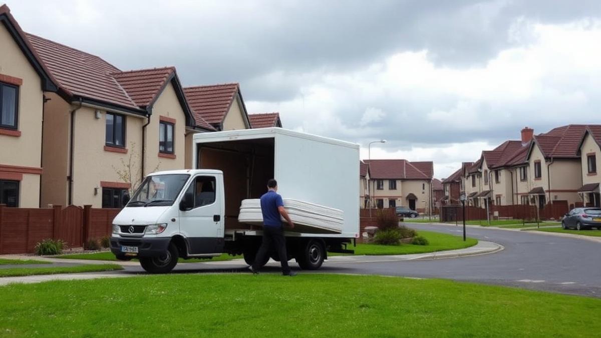 Mover carrying a mattress to a removals van on a housing estate in Skelmersdale