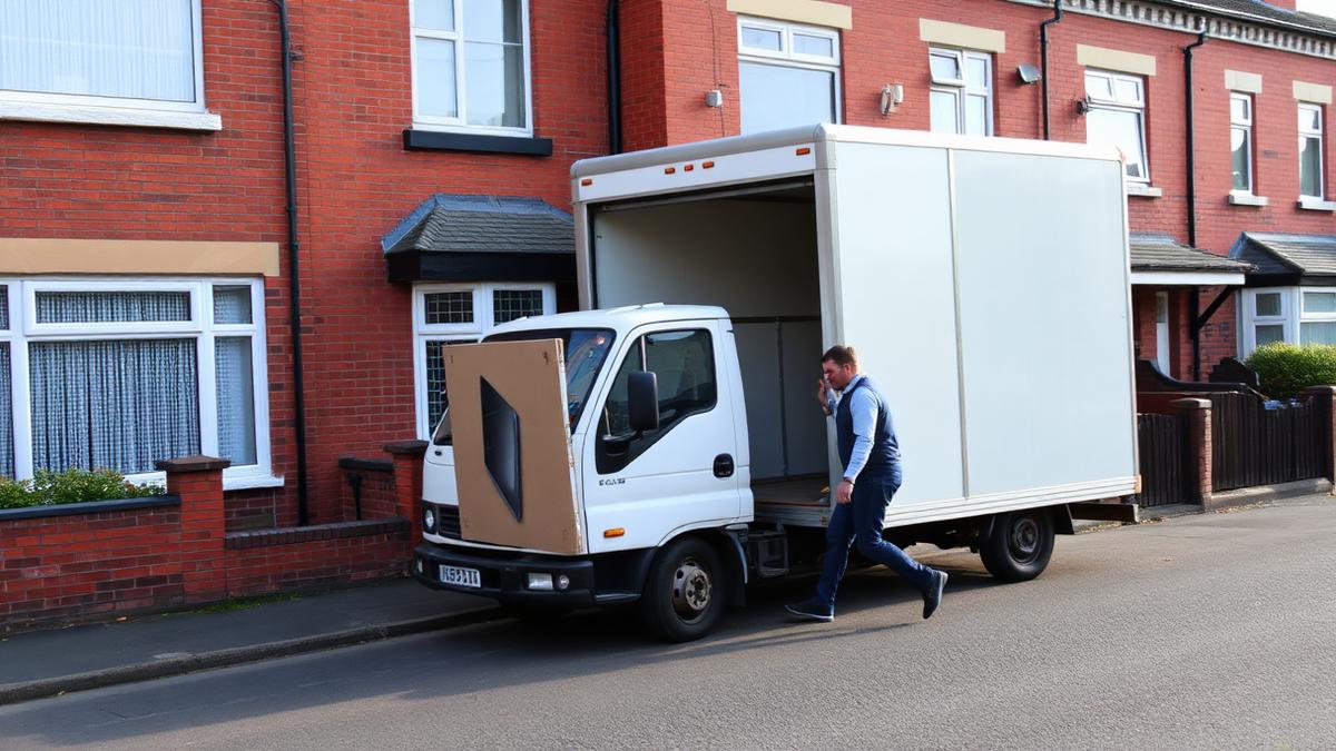Mover carrying a boxed television from a terraced house in St Helens to a removals van