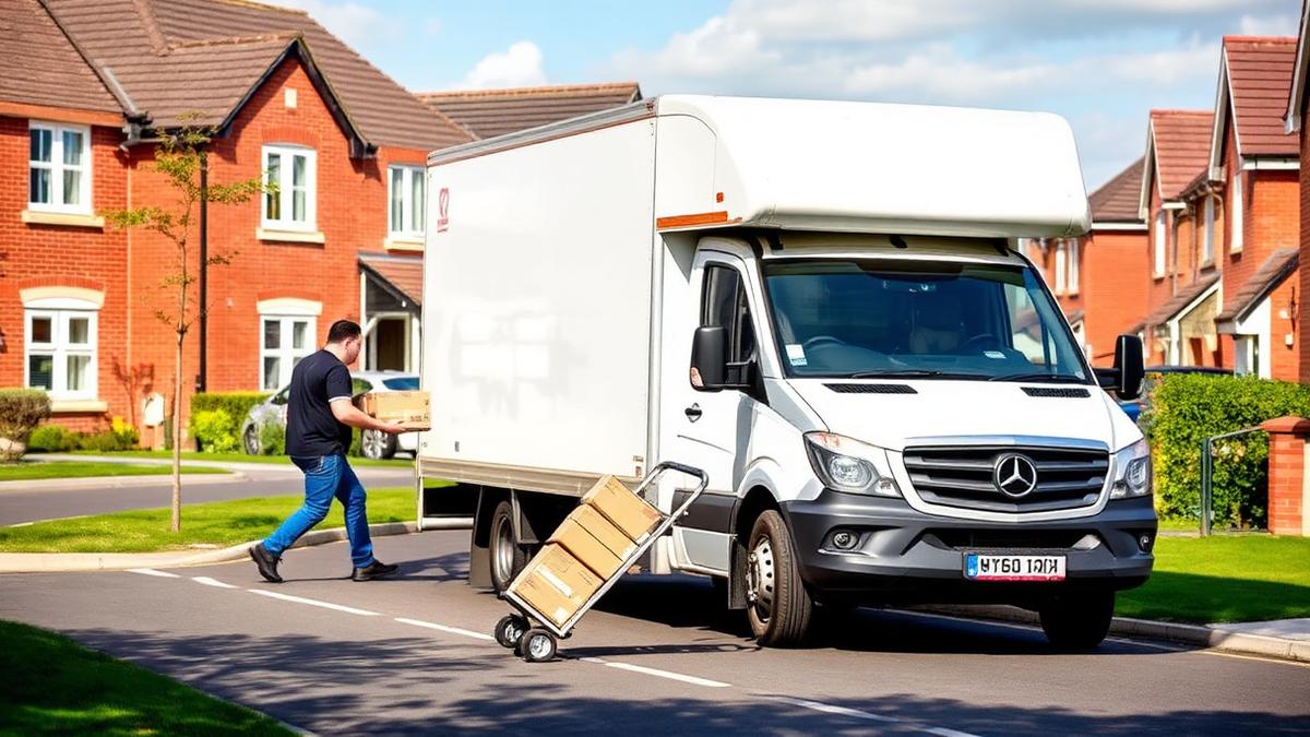 Removals van and sack trolley of boxes on a new-build estate street in Warrington