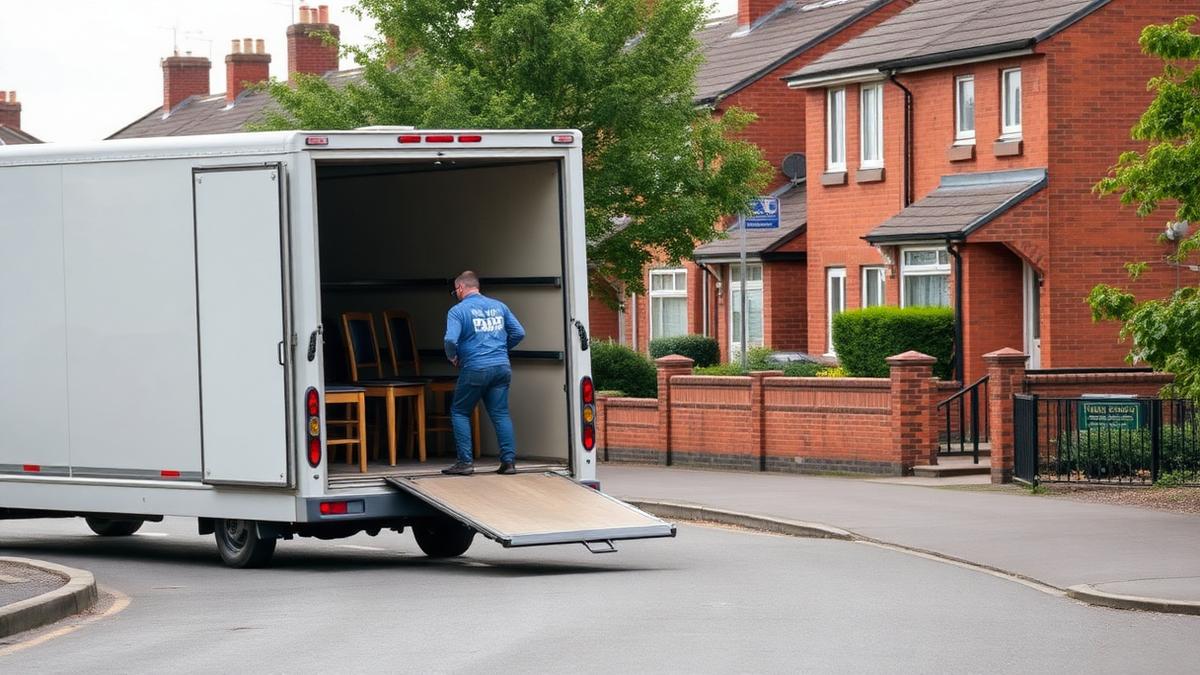 Removals van with tail lift open on a residential street in the Wigan borough