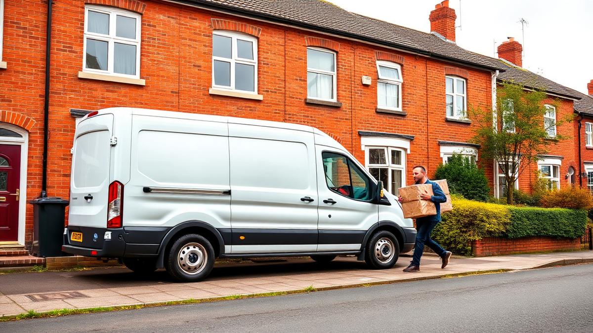 White Ford Transit LWB man and van parked outside a terraced house in Wigan while a mover carries a box