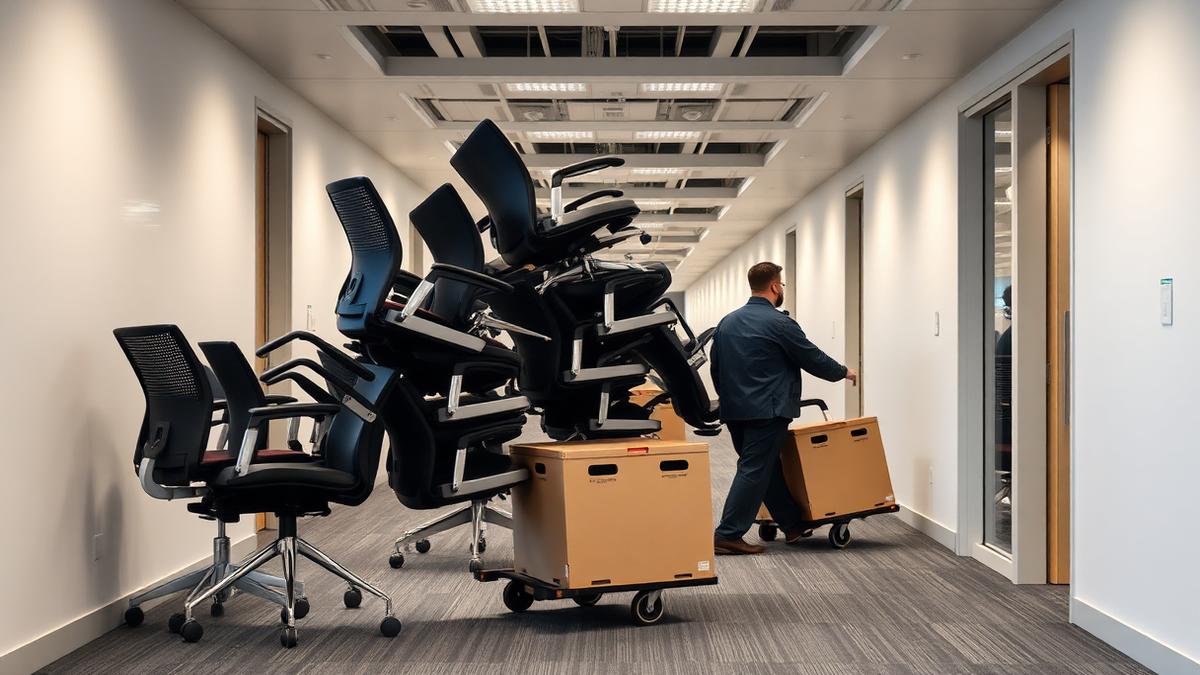 Mover wheeling crates and stacked office chairs through a modern office corridor