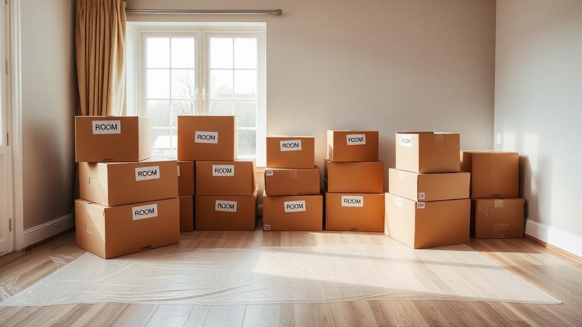 Neatly packed and labelled cardboard moving boxes stacked in an empty living room