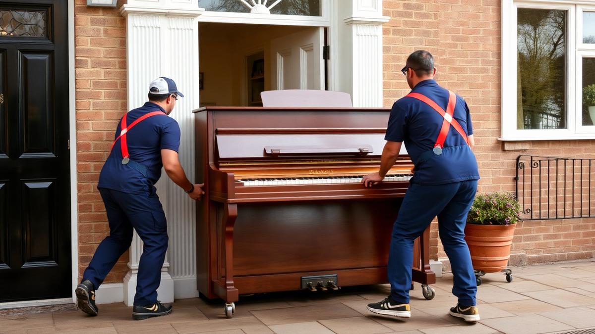 Two movers using straps and skates to move an upright piano out of a house doorway
