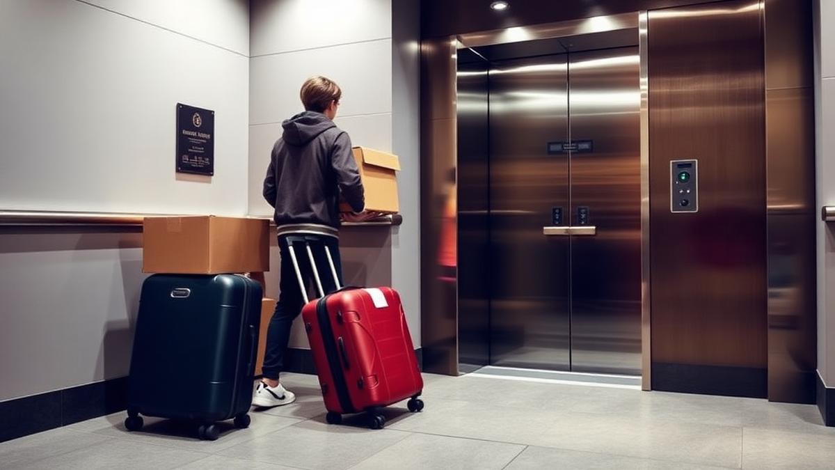 Student with boxes and suitcases beside a lift lobby in a Manchester apartment block